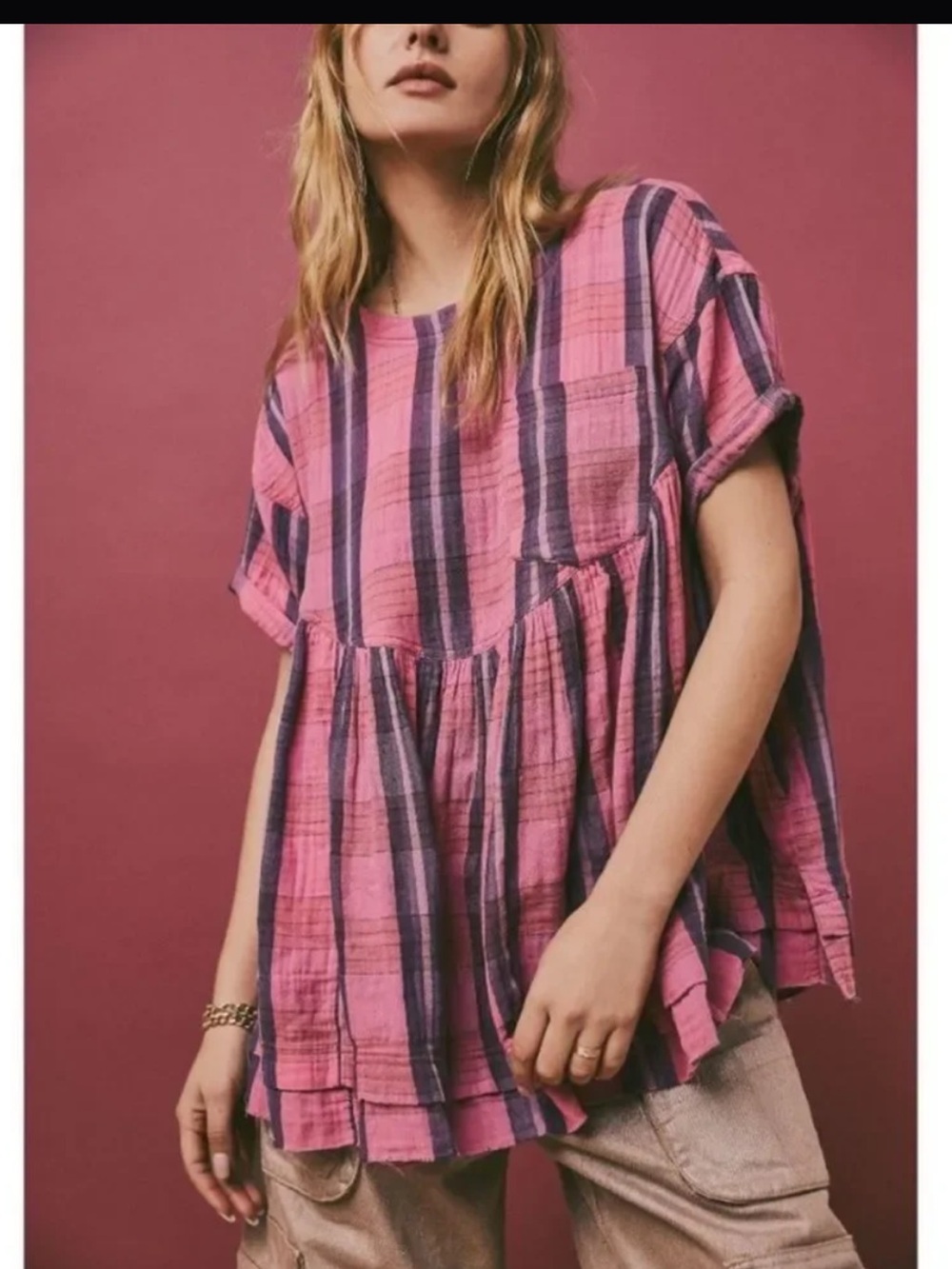 Free People Pink Plaid Top Country Dress Beach Coverup Cottage Core Striped